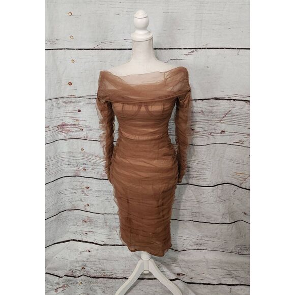 House of CB Anais Tulle Off the shoulder Bodycon Ruched Dress Size Small - Picture 3 of 7